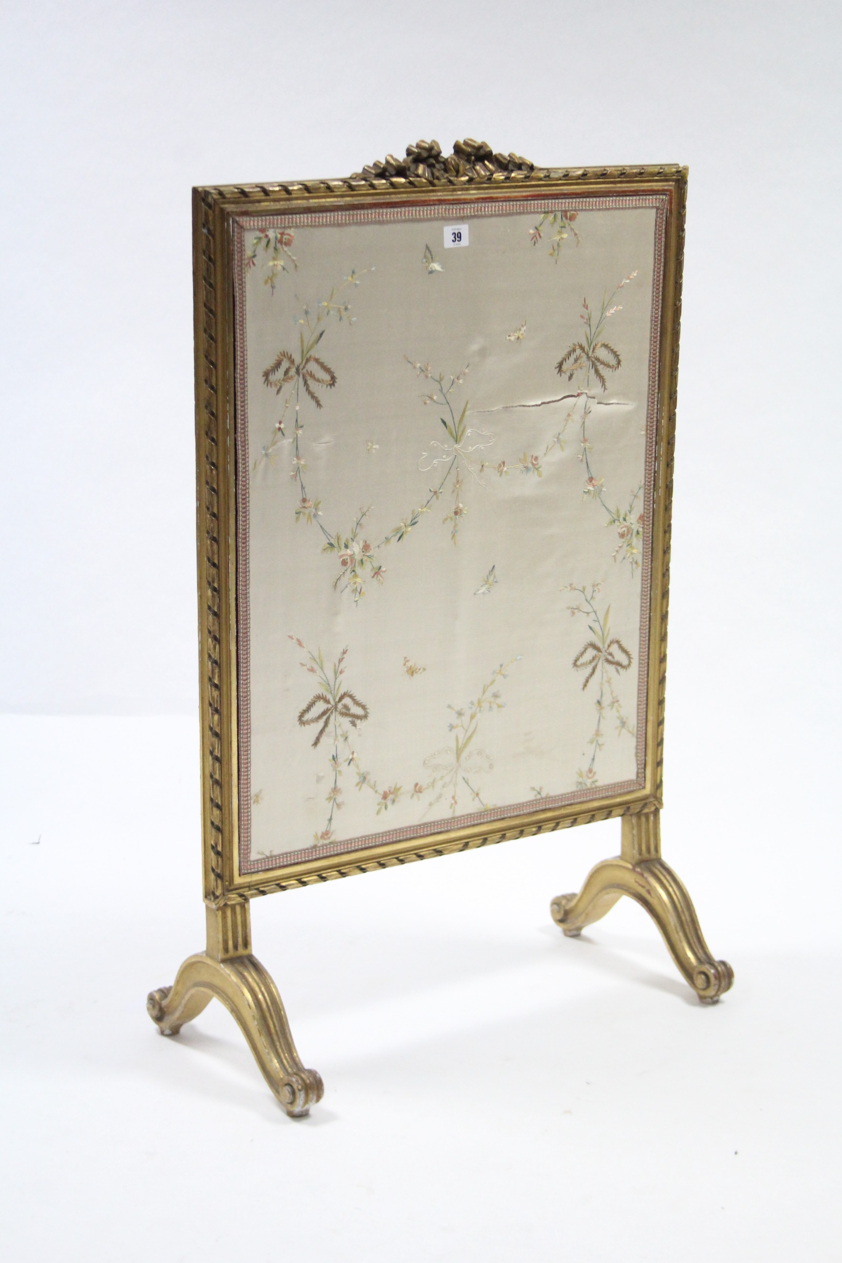 A continental-style gilt frame fire screen inset silk embroidered panel (w.a.f.), 24” wide