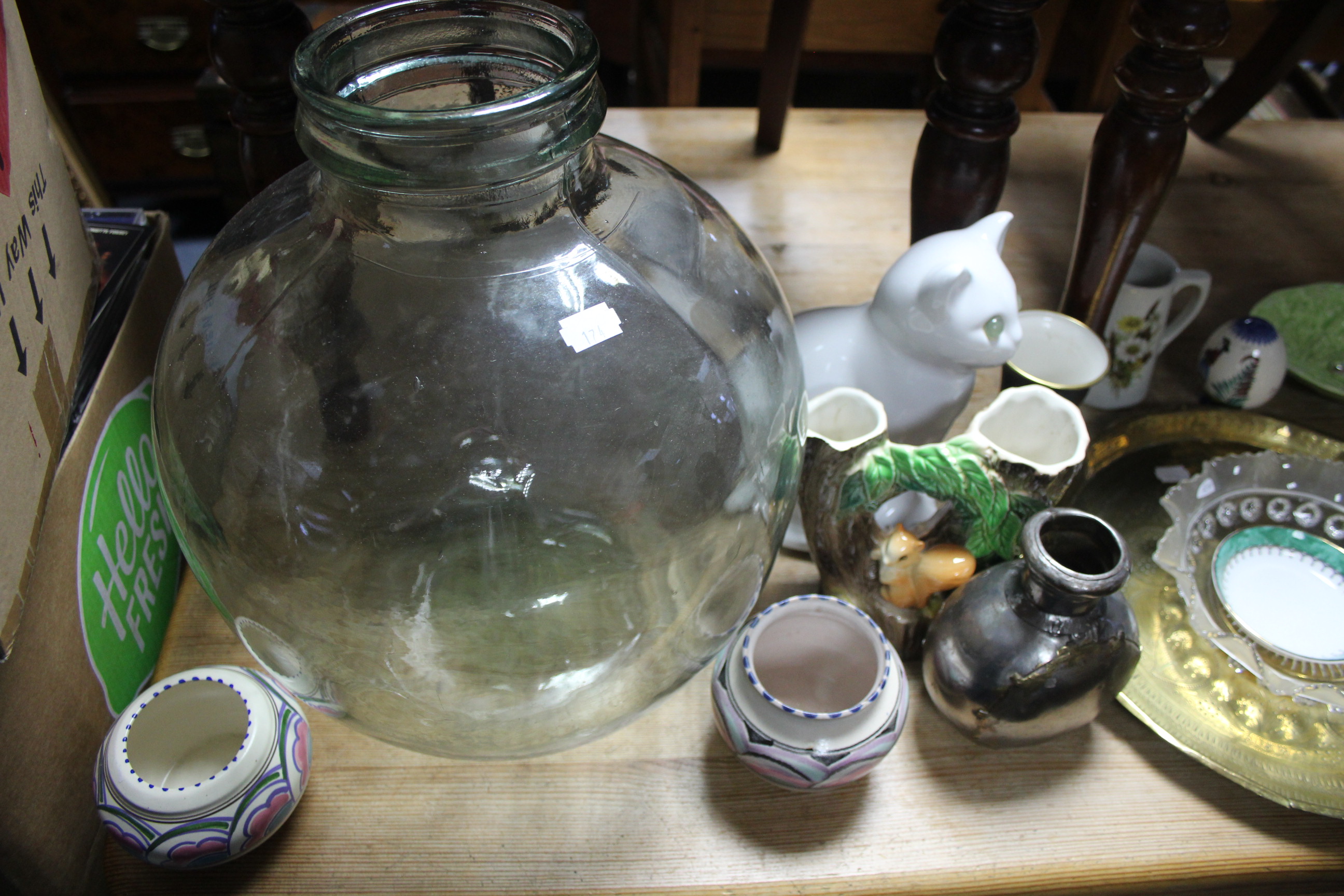 A cast-iron cauldron, 11¼” diam.; an Eastern brass engraved circular tray; a glass terrarium; - Image 2 of 3