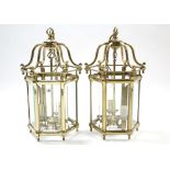 A pair of brass-frame pendant hall lanterns of six sided form & inset bevelled glazed panels, 14”
