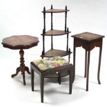 A carved oak square plant stand; an inlaid-mahogany occasional table; a four-tier corner