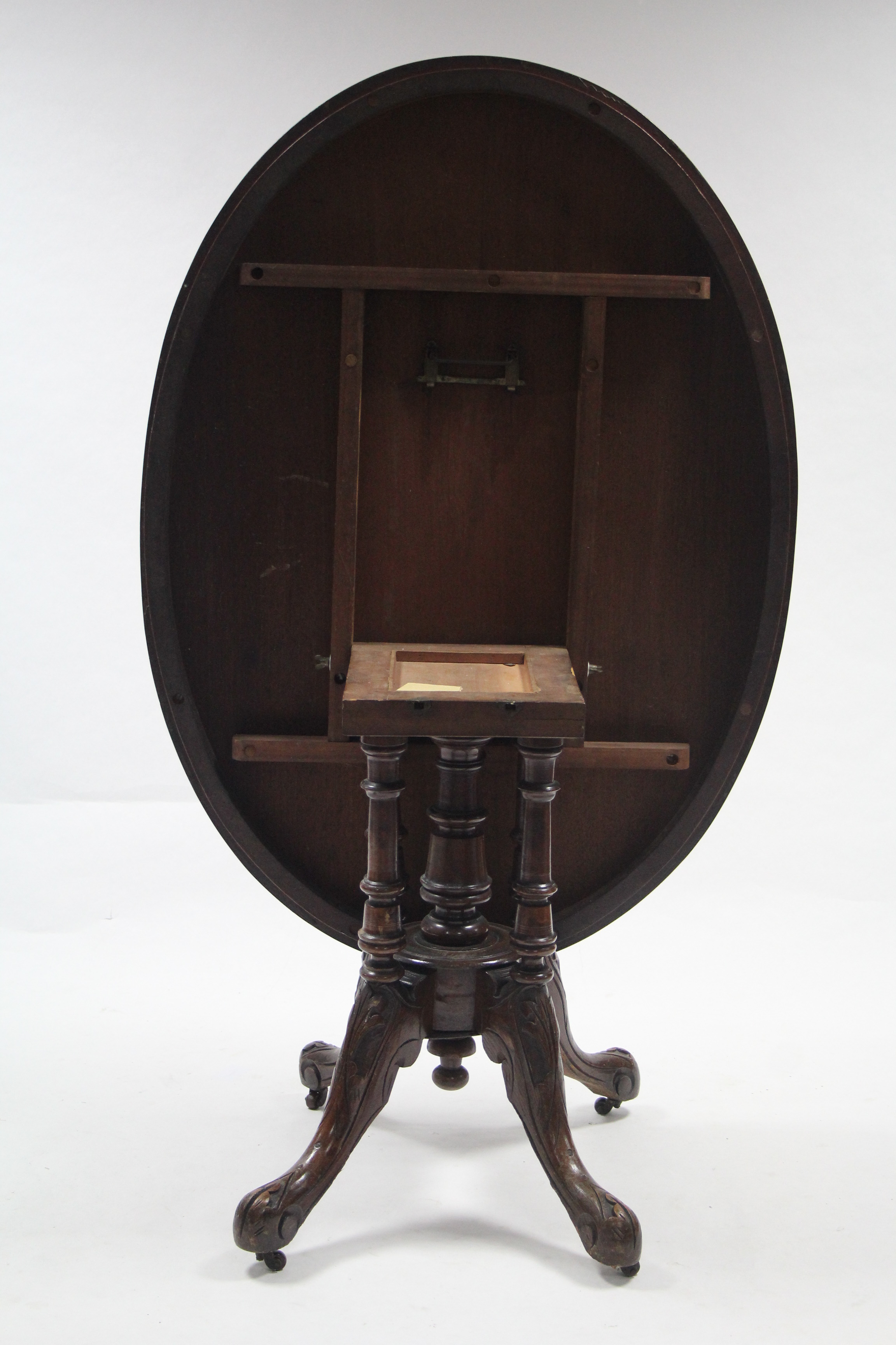 A 19th century inlaid-walnut loo table with oval tilt-top, & on turned supports & carved cabriole - Image 2 of 3