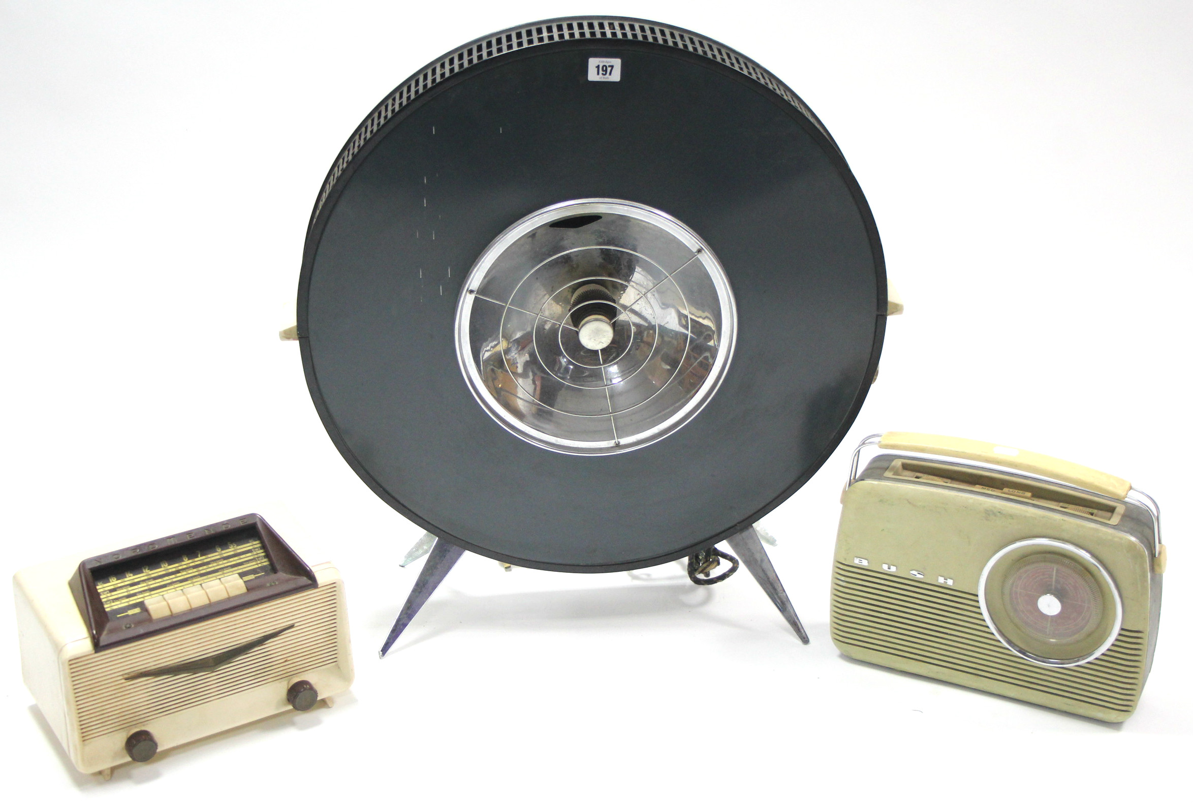 A mid-20th century Sofono electric heater, 24” diam.; together with a Normende valve radio; & a Bush