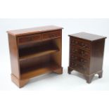 A mahogany-finish standing open bookcase with two adjustable shelves, 36” wide; & a similar