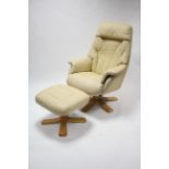 A cream leatherette swivel armchair; & a ditto rectangular foot stool.
