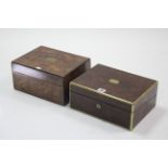 A 19th century brass-inlaid burr-walnut writing slope with fitted interior, 11¾” wide; & a 19th