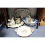 A Victorian blue & white floral decorated oval two-handled toilet basin; a Victorian china two-