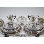 Two silver plated oval entrée dishes; a rectangular ditto; a pair of silver plated dwarf