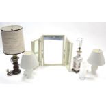 A cream-finish triple-panel free-standing dressing table mirror, 24” high; & five various table