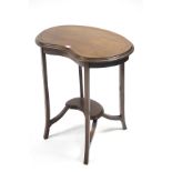 An Edwardian inlaid-mahogany kidney-shaped two-tier occasional table on square legs, 26 ¼” wide.