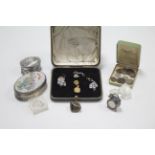 A small quantity of costume jewellery; two white-metal oval pill boxes, etc.