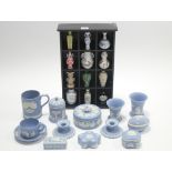 A set of twelve modern miniature Japanese vases with display stand; & thirteen various items of