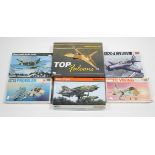 Nine various model kits, all boxed; & thee large scale model vehicles, two with window boxes.