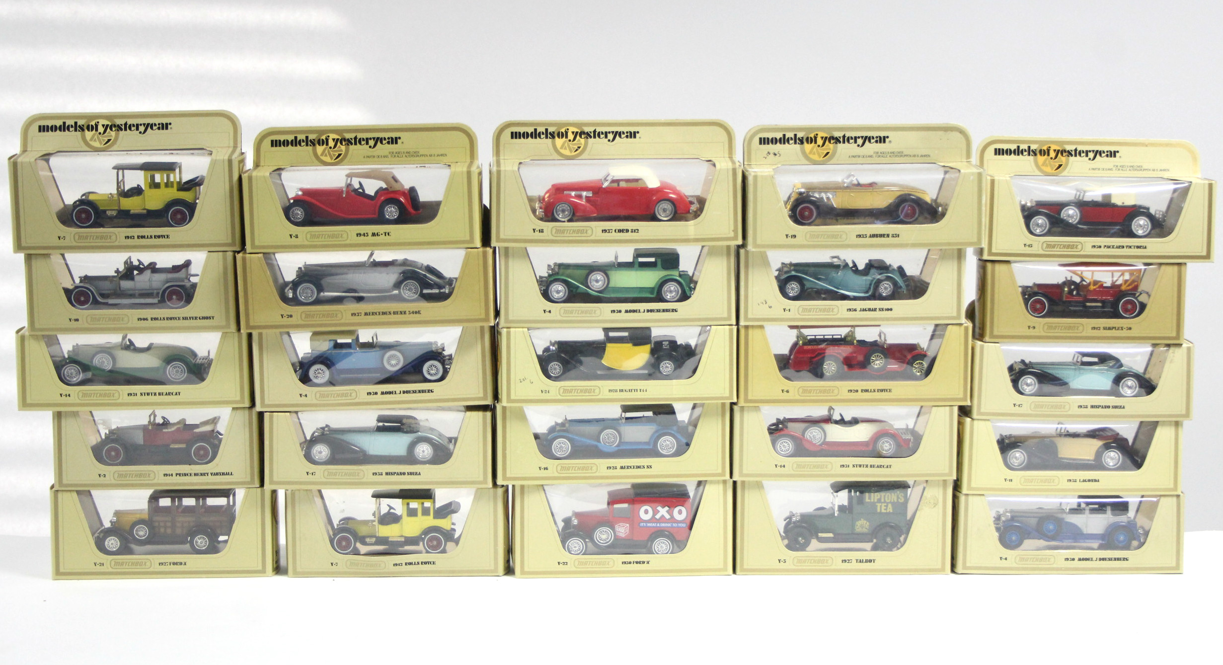 Thirty Matchbox “Models of Yesteryear” scale model cars, each in cream window box.