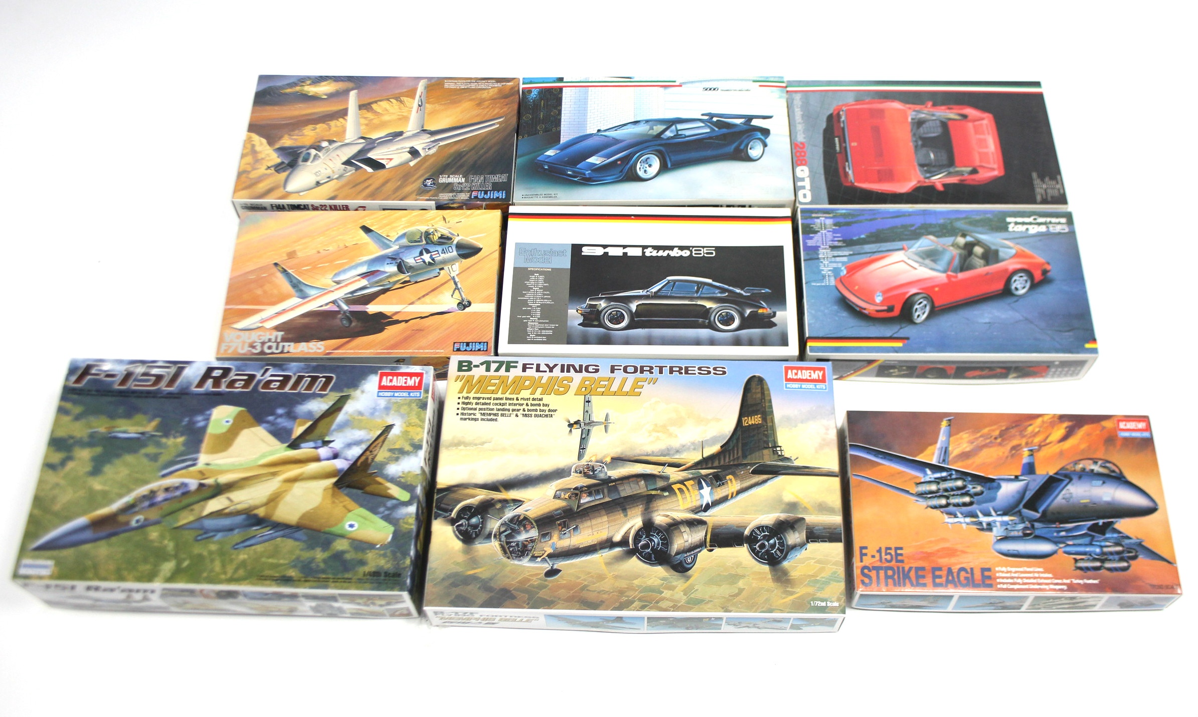 Three Academy model kit aeroplanes “B-17F Flying Fortress Memphis Belle”, “F-151 Ra’am”, & “F-15E