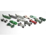 Fourteen Dinky die-cast scale model racing cars including “H. W. M.” (No. 23J), “Alfa-Romeo” (No.