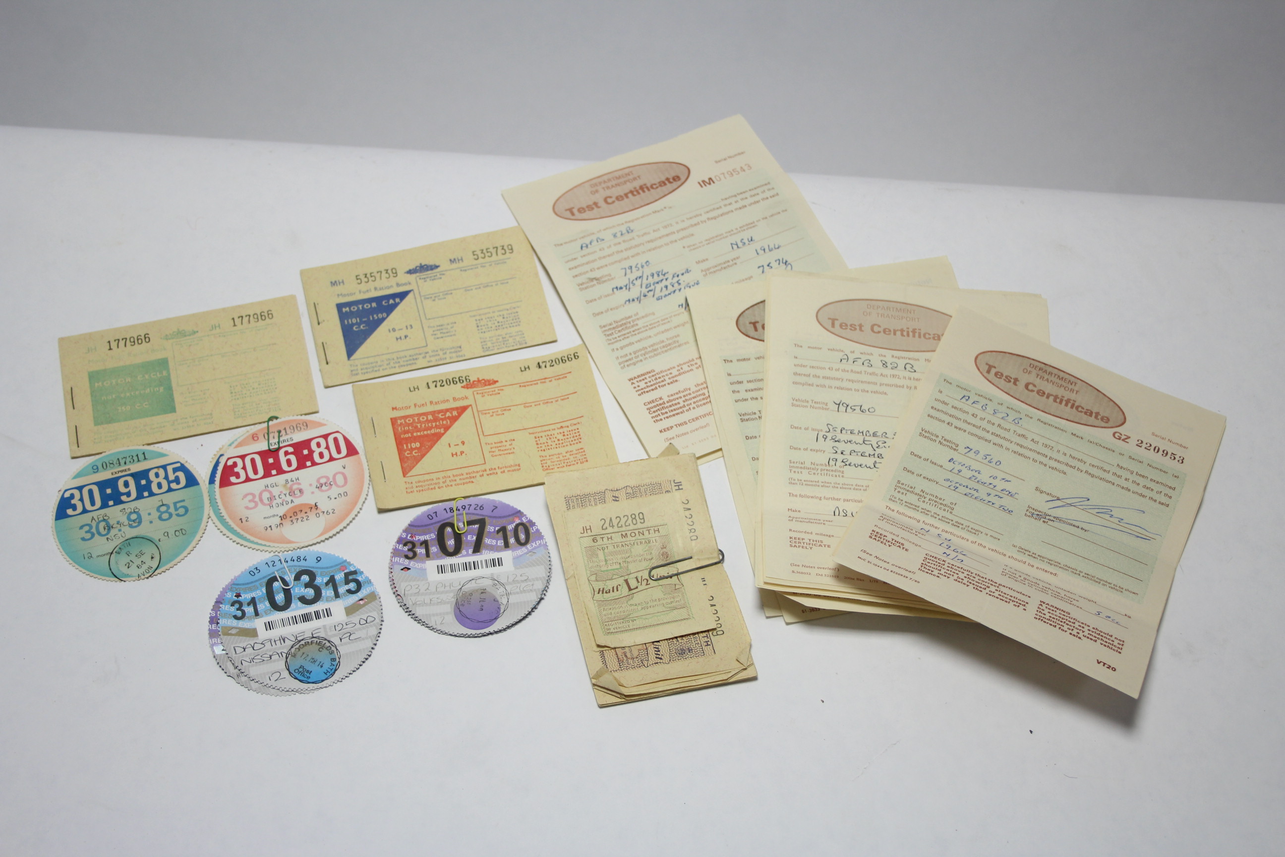 Two vintage Motor Car Motor Fuel Ration Books; two ditto Motor Cycle Ration Books; five various D.