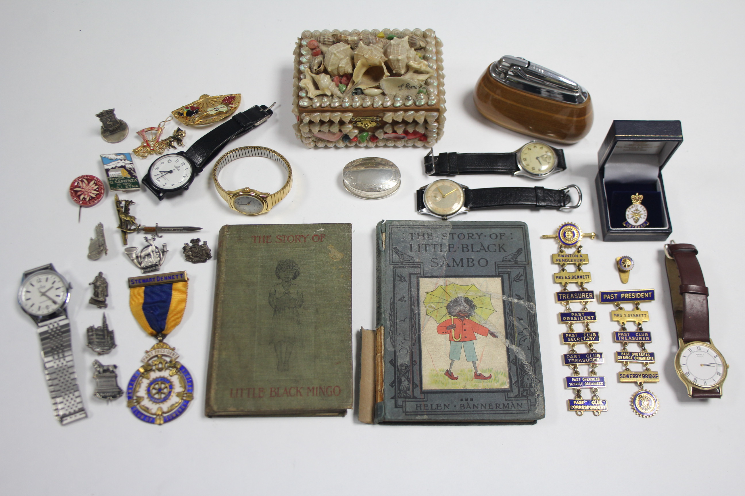 A .925 silver oval pill box; a Ronson table lighter; six various wristwatches; various enamelled