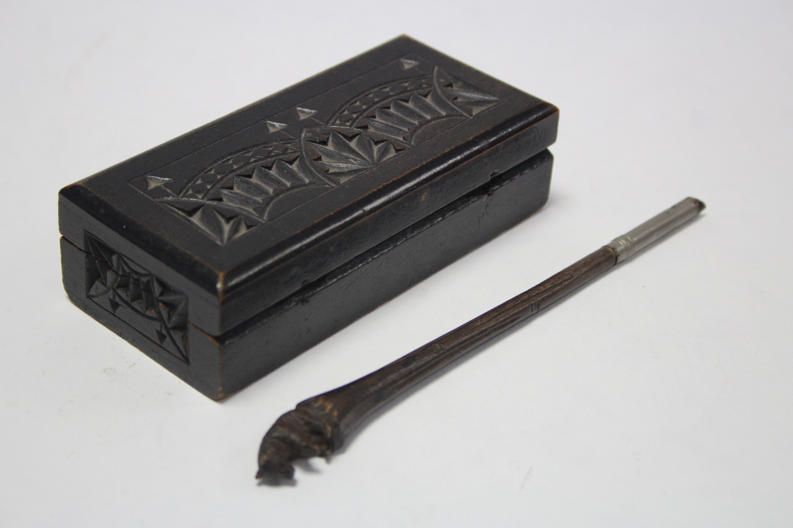 A carved & ebonised wooden four-division stamp box, 4¾” wide; & a Bavarian wooden pen with carved - Image 2 of 3