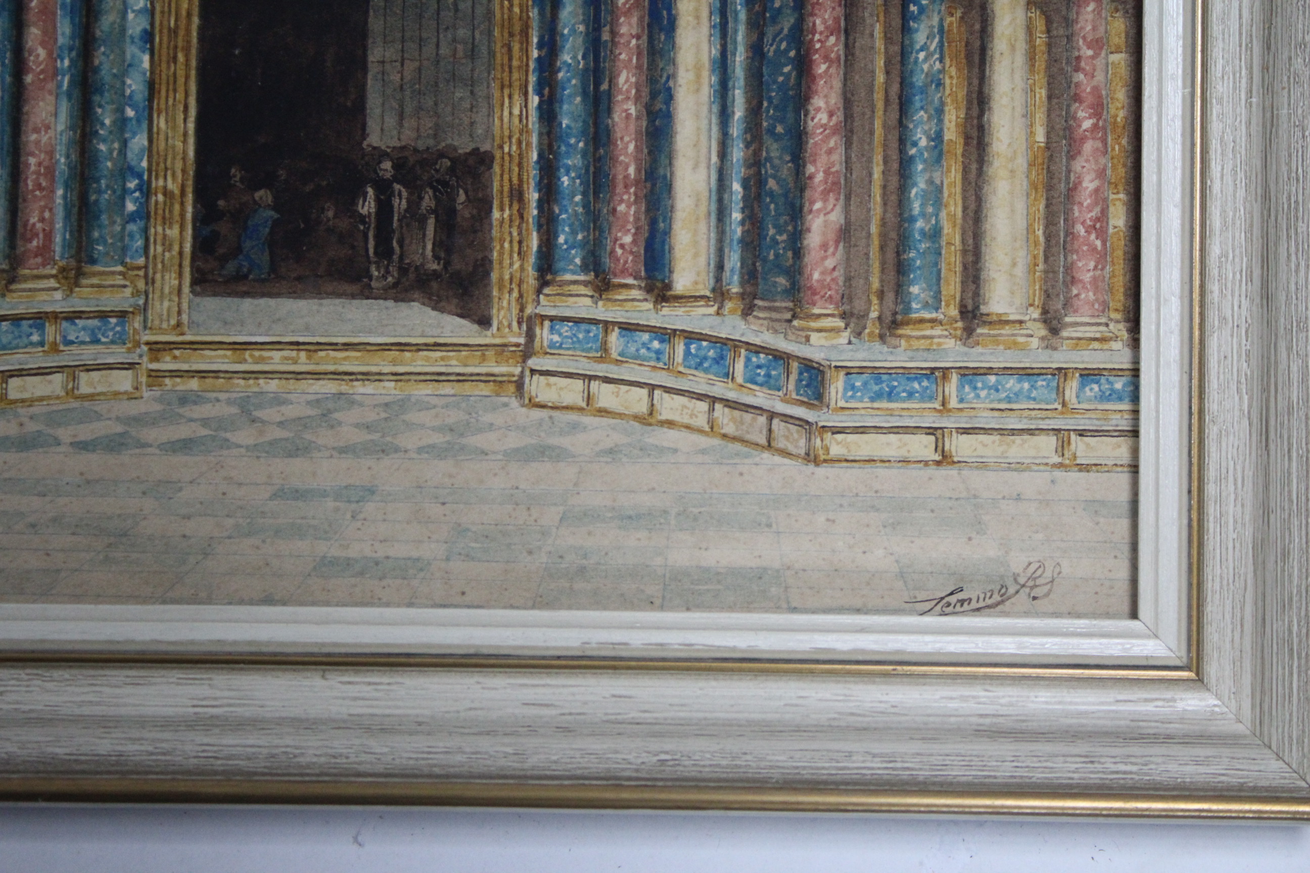 A watercolour painting of a Cathedral entrance, signed R.S.Lemmo, 13 ¾” x 9 ½”, in glazed frame - Image 2 of 2