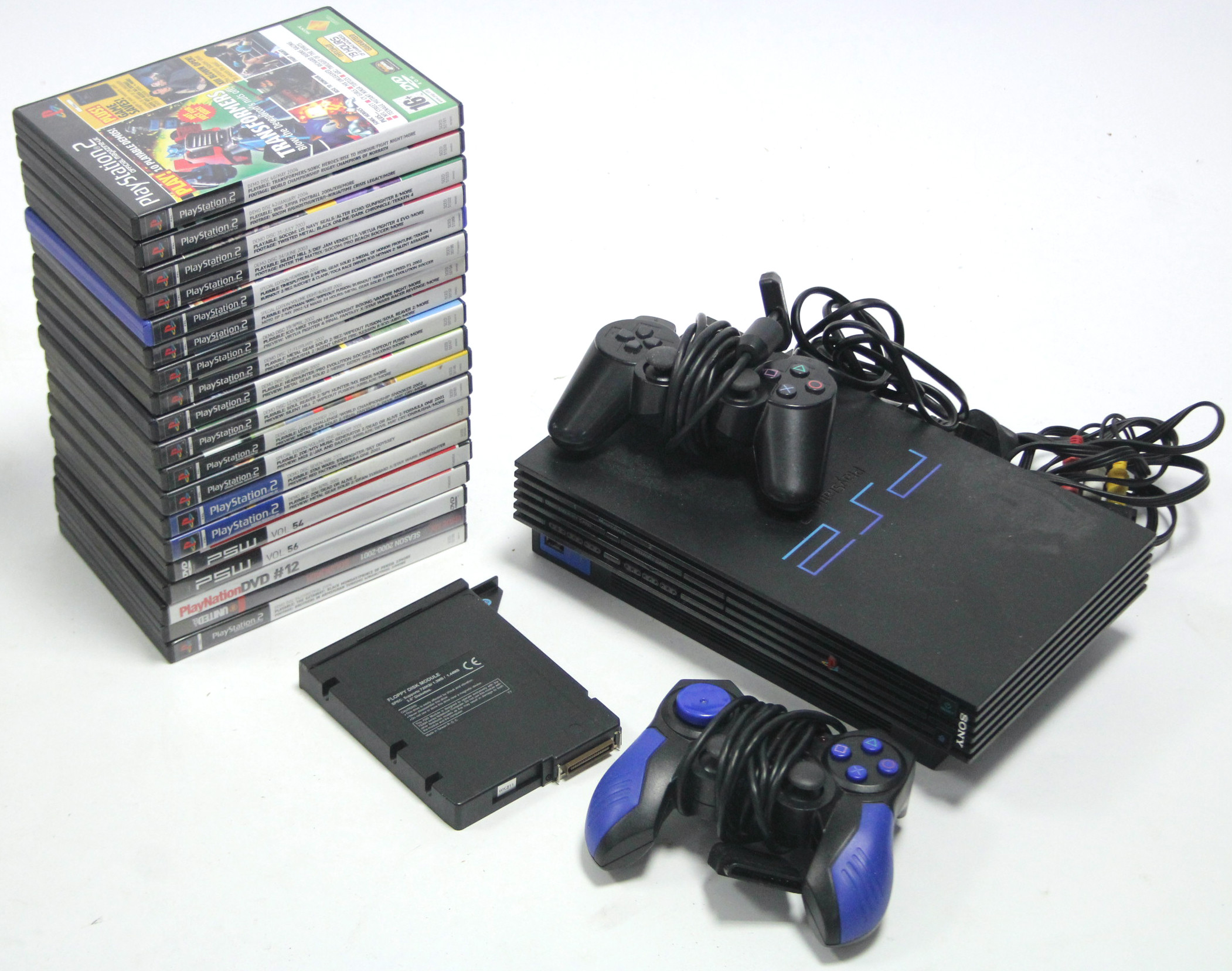 A Playstation 2 games console; two ditto controllers; & approximately twenty ditto games