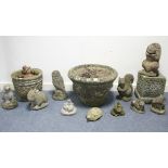 Two reconstituted stone garden urns; a ditto square pedestal; and ten various ditto garden