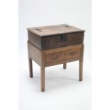 An antique oak bible box with hinged lift-lid, & on later stand fitted long drawer & on square