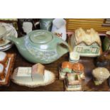 Thirteen various items of cottage teaware, etc.; a Wedgwood blue & white Jasperware biscuit