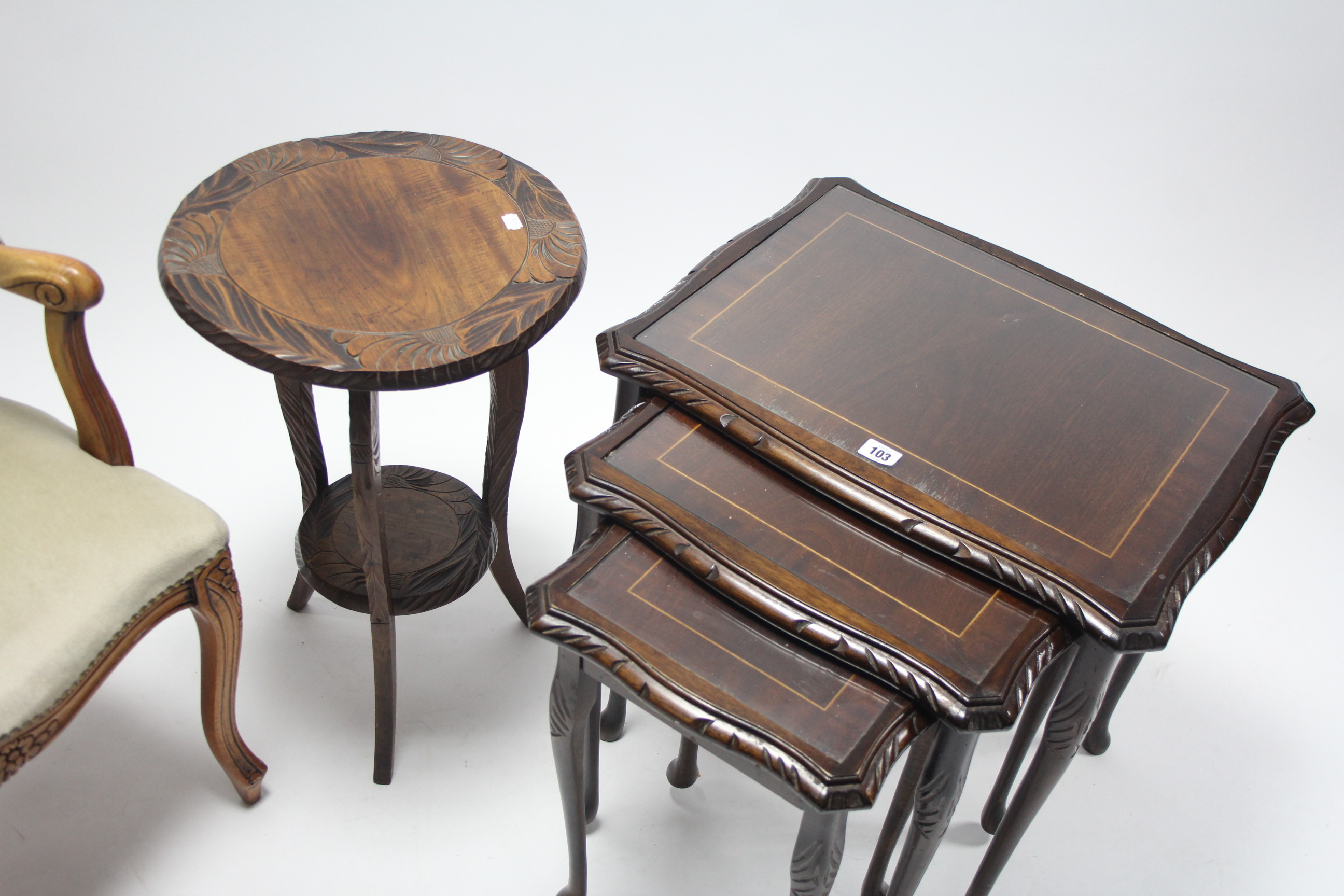 A continental style buttoned-back elbow chair; together with a nest of three inlaid mahogany - Bild 2 aus 2