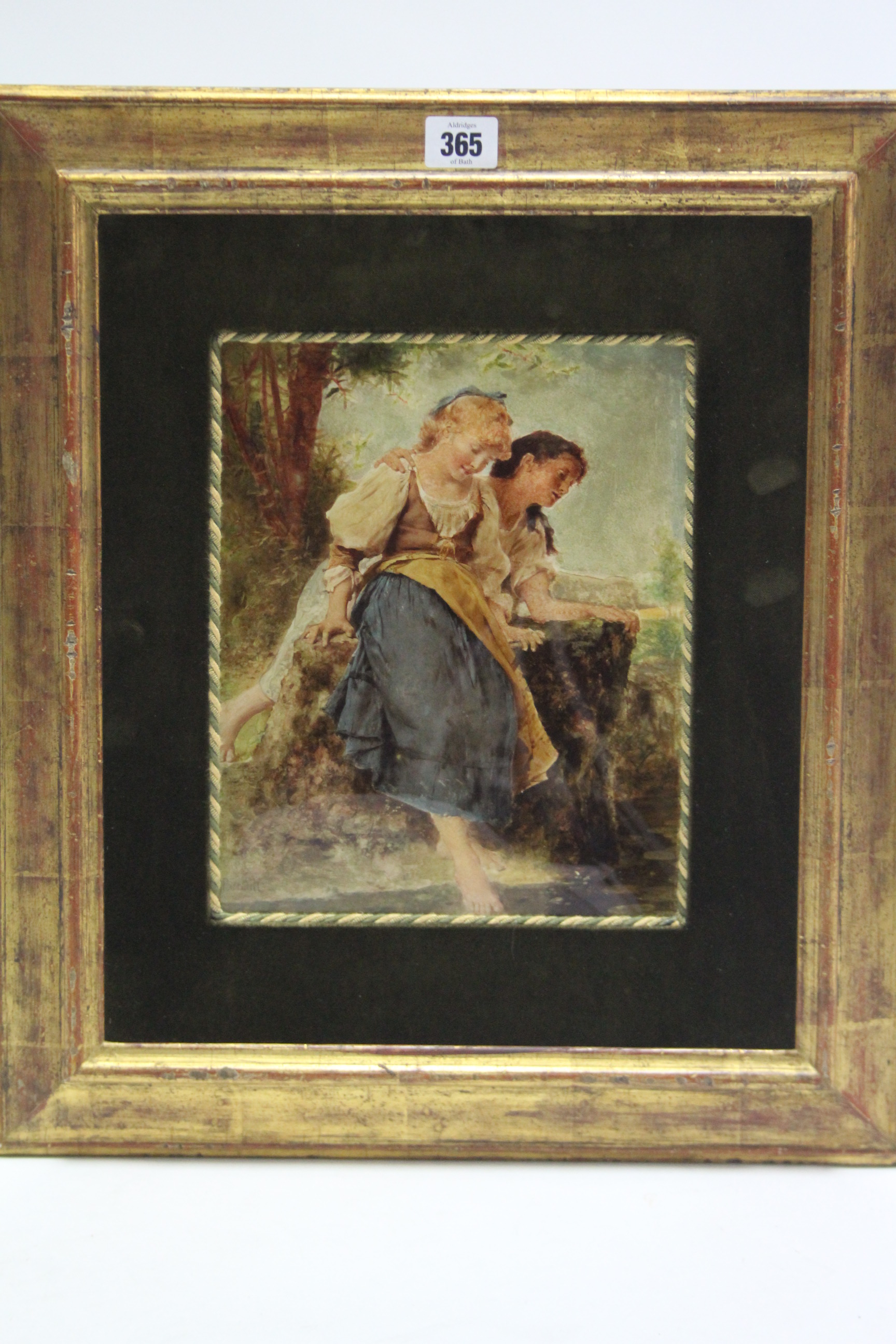 A late 19th century crystoleum print after Perrault, depicting two female figures by a stream, 9¾” x