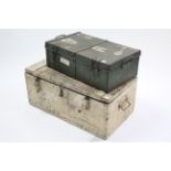 A green-finish metal small travelling trunk with hinged lift-lid and with wrought iron side handles,