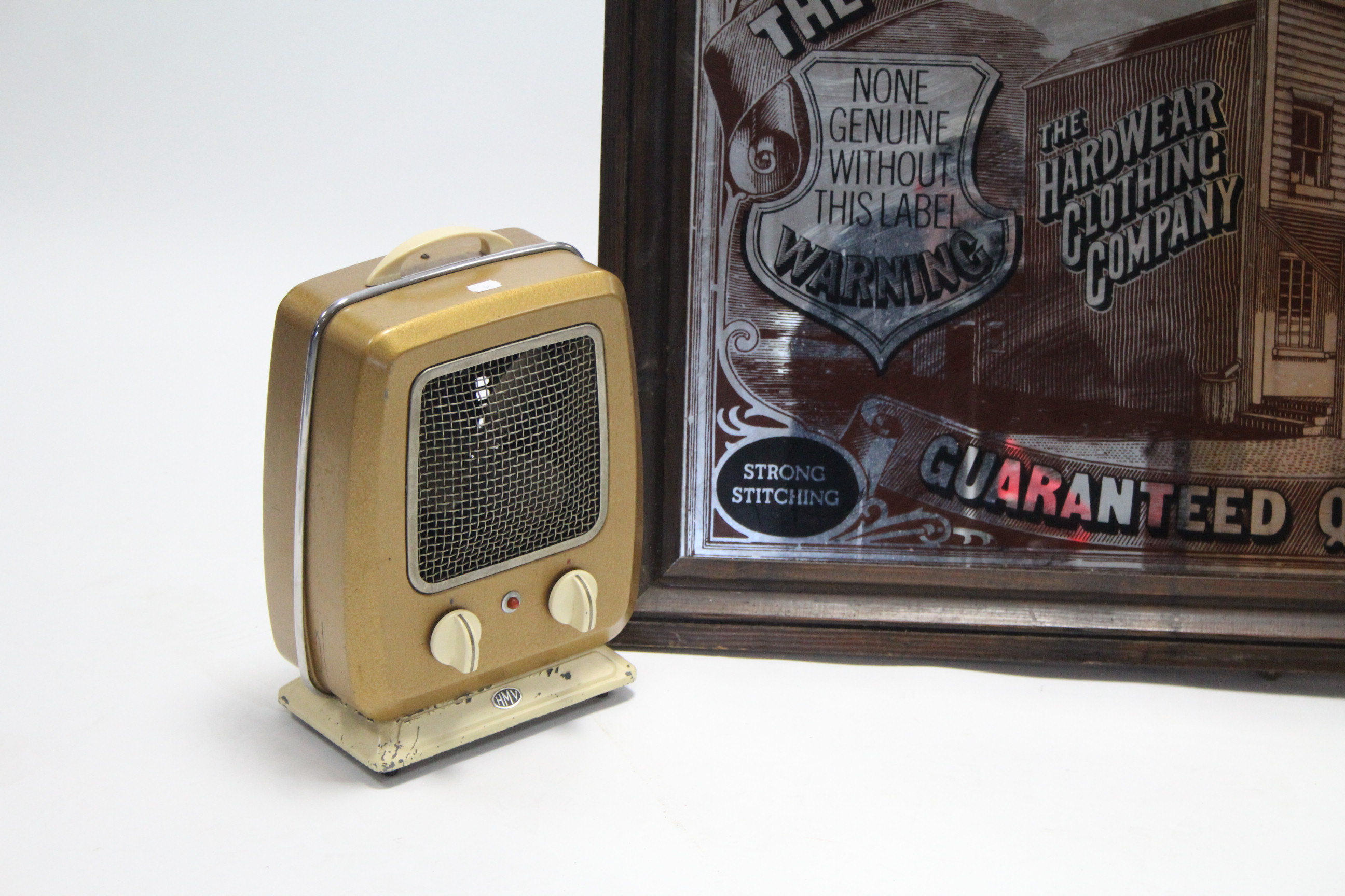 An illuminating "BAR" sign; a rectangular advertising mirror "THE HARDWARE CLOTHING COMPANY"; a - Image 2 of 3