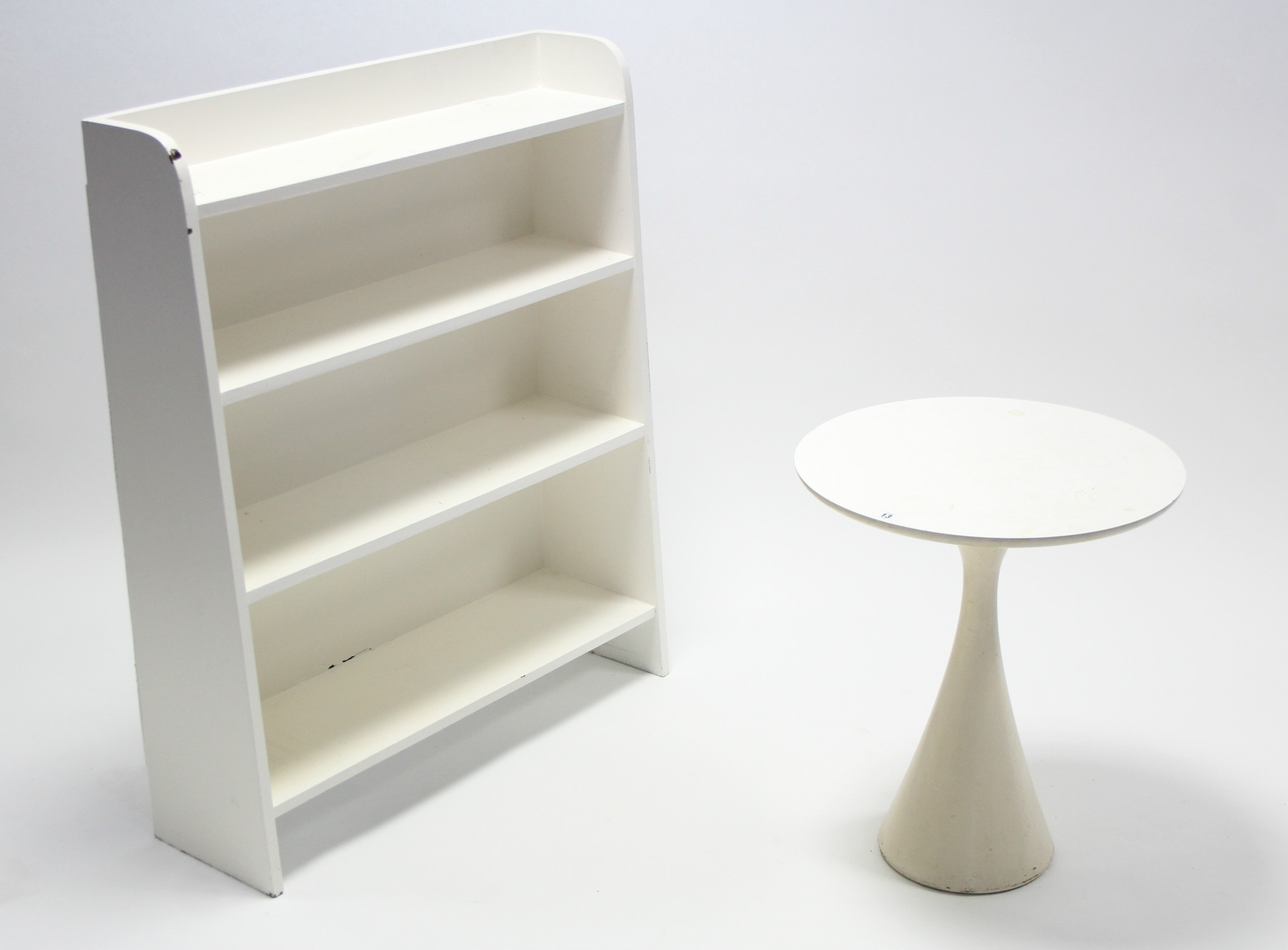 An Arkana of Bath white-finish occasional table with circular top, and on trumpet-shaped centre