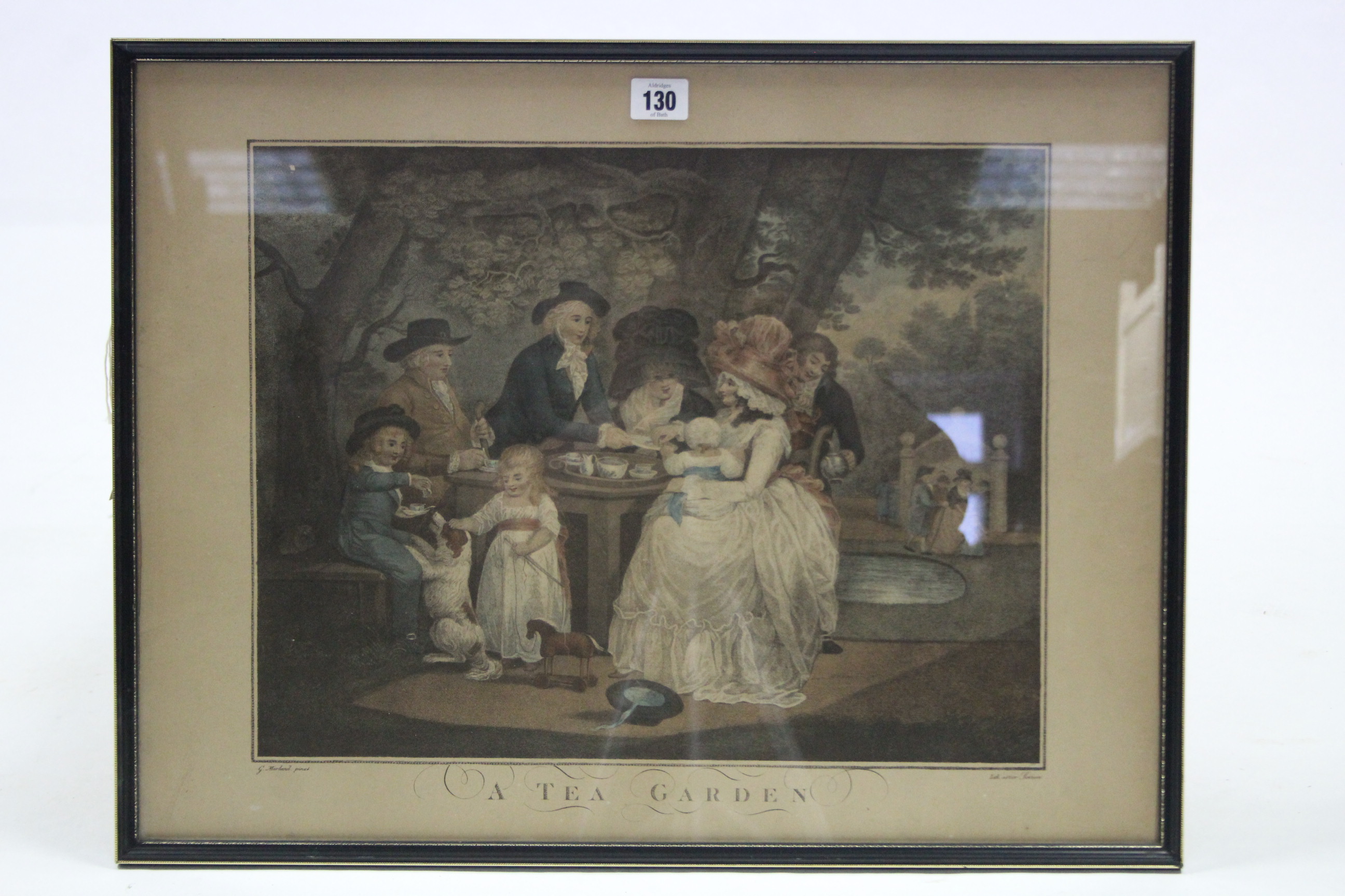 A coloured print after Morland titled: “A Tea Garden”, 16¾” x 22”; & a French black & white print of