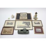 Seven various small prints; a table lamp; a chalkboard, etc.