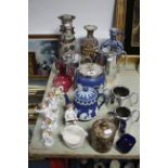 An Adams Tunstall blue & white Jasperware biscuit barrel; a ditto teapot; five porcelain cherub