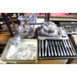 A silver plated hot-water jug; a plated card tray; & various other items of platedware & cutlery.