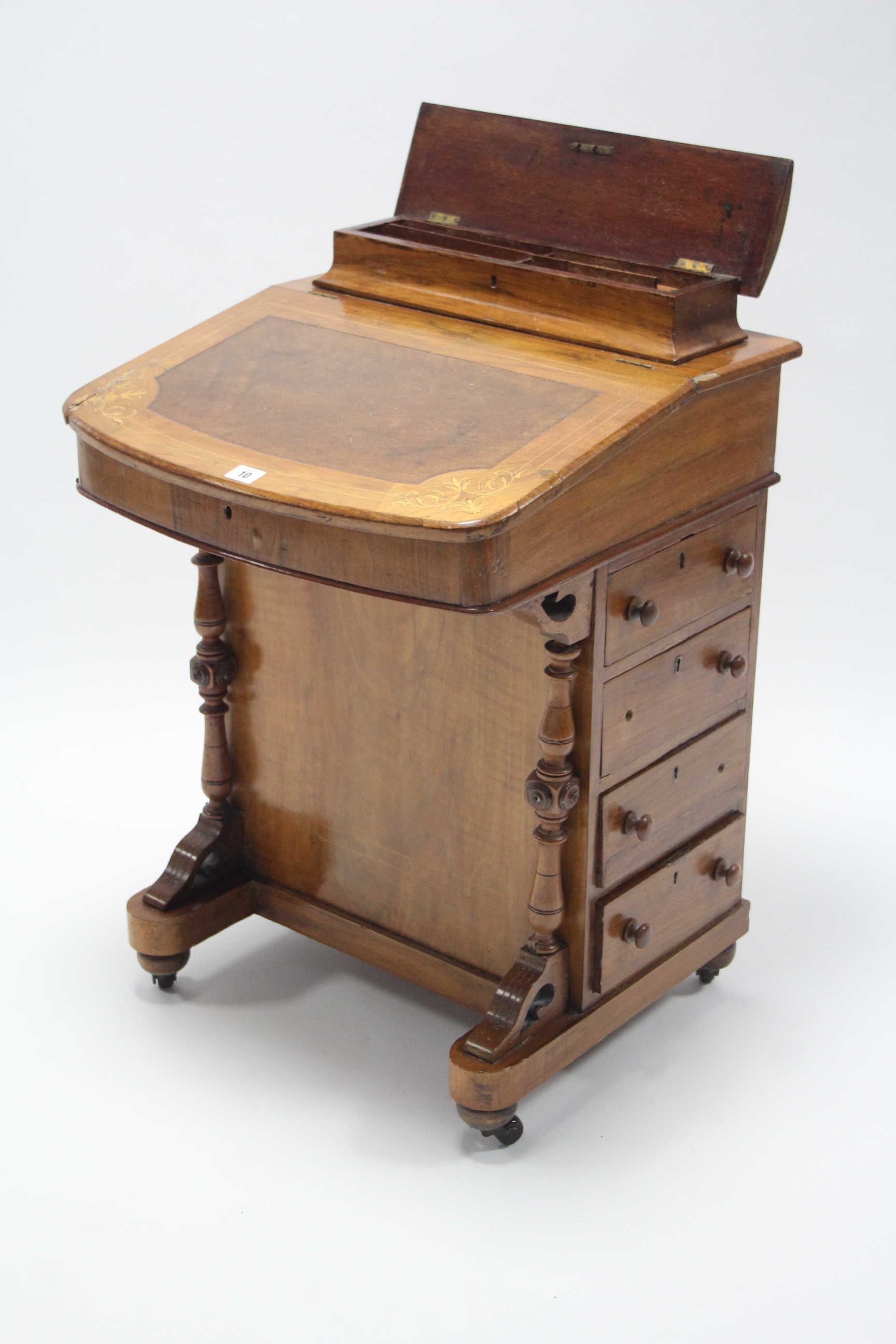 A 19th century inlaid walnut Davenport with hinged compartment to top, enclosed by fall-front, - Image 2 of 3