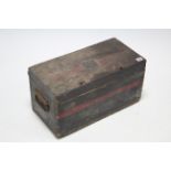 A wooden ammunition box with brass plaque to lid inscribed: “J SIMMS E A DEV”, 19¾” wide; together