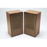 A pair of Bowers and Wilkins hi-fi speakers (model no. DM3) in teak cases, 28½" high.