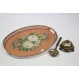 A Victorian steel & brass counter-top bell; a modern Tôle-ware floral decorated oval tea tray; & a
