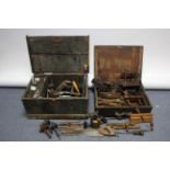 Two deal tool chests, 25½” & 22¾” wide, containing various vintage tools & accessories.