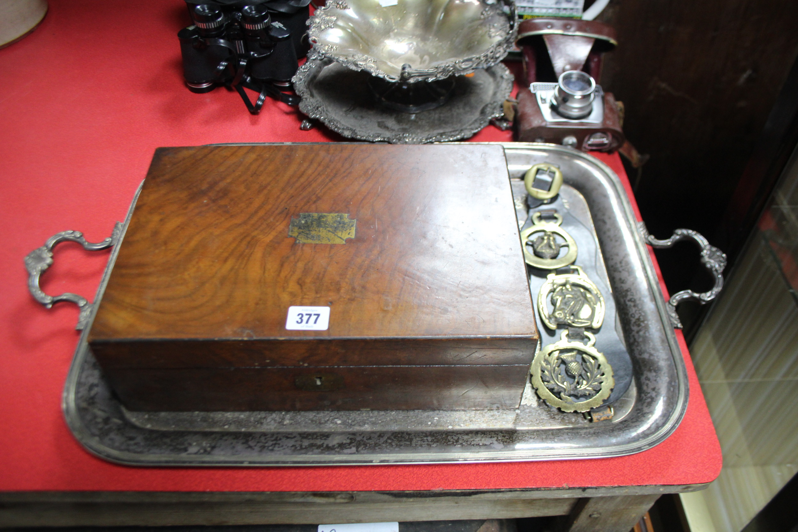 A 19th century walnut trinket box; a silver plated rectangular two-handled tea tray & salver; a pair