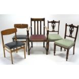 Two pairs of late Victorian occasional chairs; together with three other chairs.