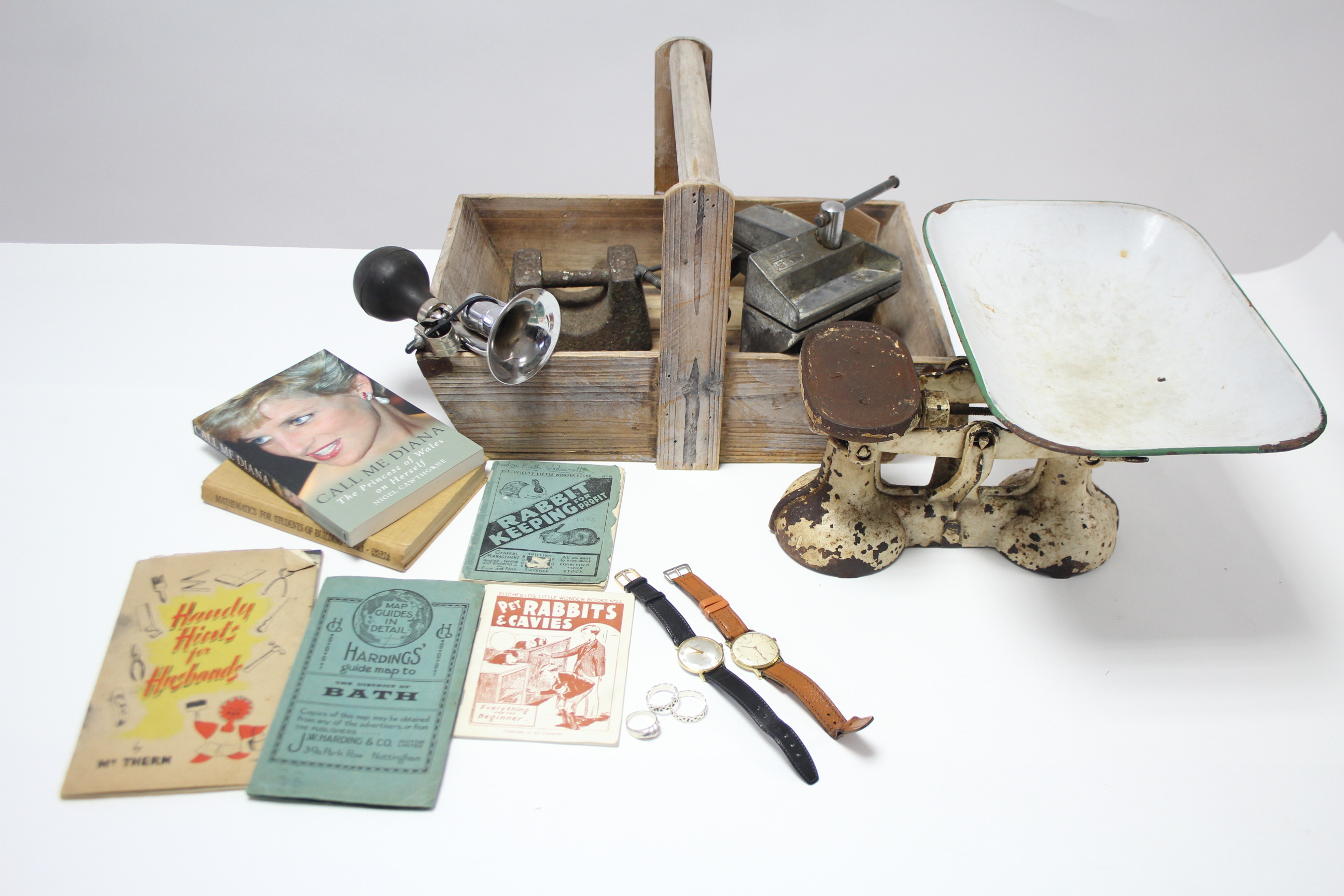 Three white-metal dress rings; two gents wristwatches; various books & tools, etc.