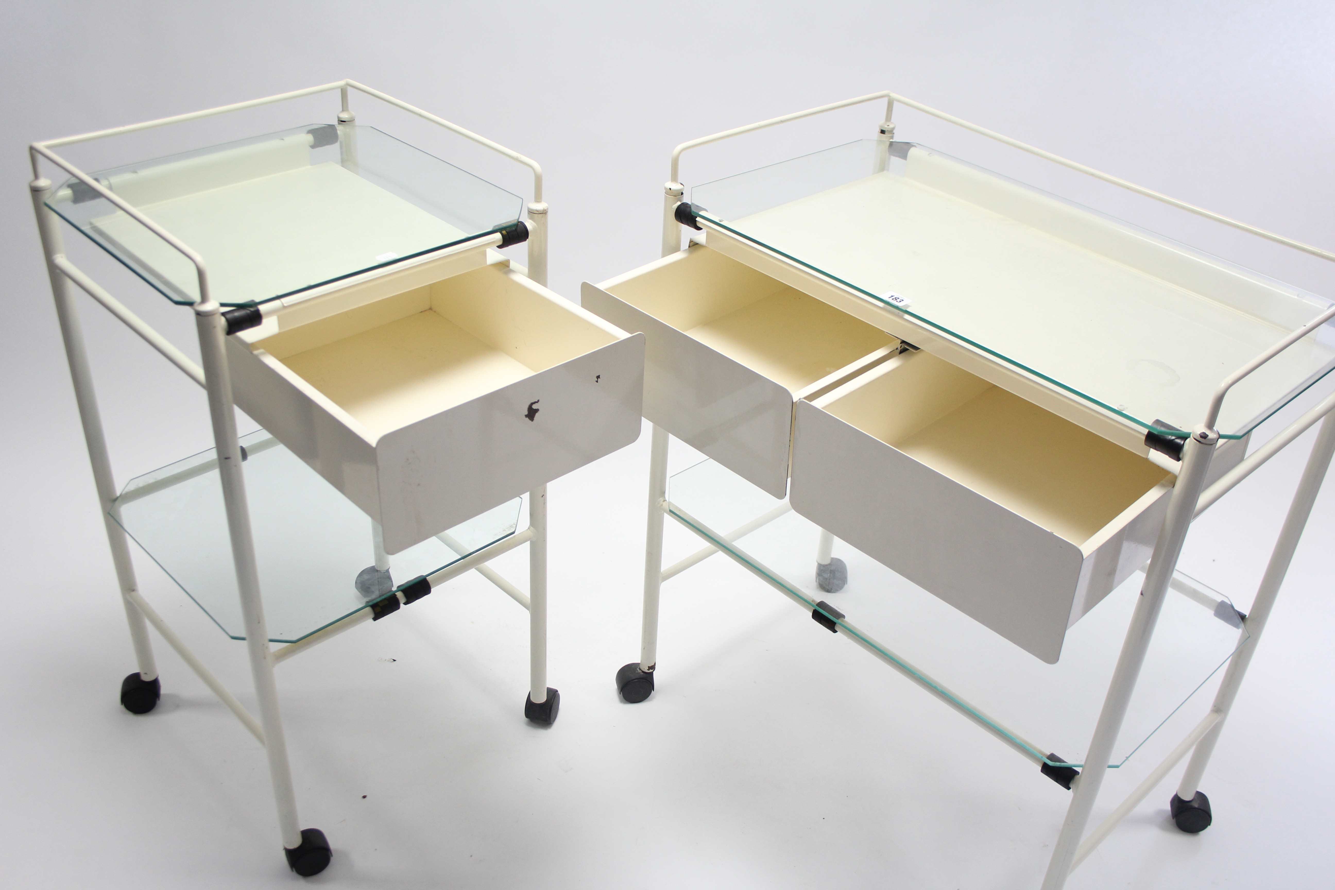 A white-metal finish rectangular two-tier medical trolley fitted two drawers to the upper tier, 29½” - Image 3 of 5