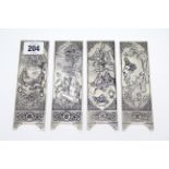 A set of four modern silvered-metal paperweights, each in the form of a Chinese figural panel, 5¾” x