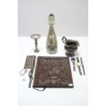 A Gozo art-glass decanter, 13” high (boxed); a carved wooden panel; six various ladies & gents