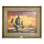 A modern Chinese oil painting on canvas of a coastal landscape with two sailing vessels to the fore,