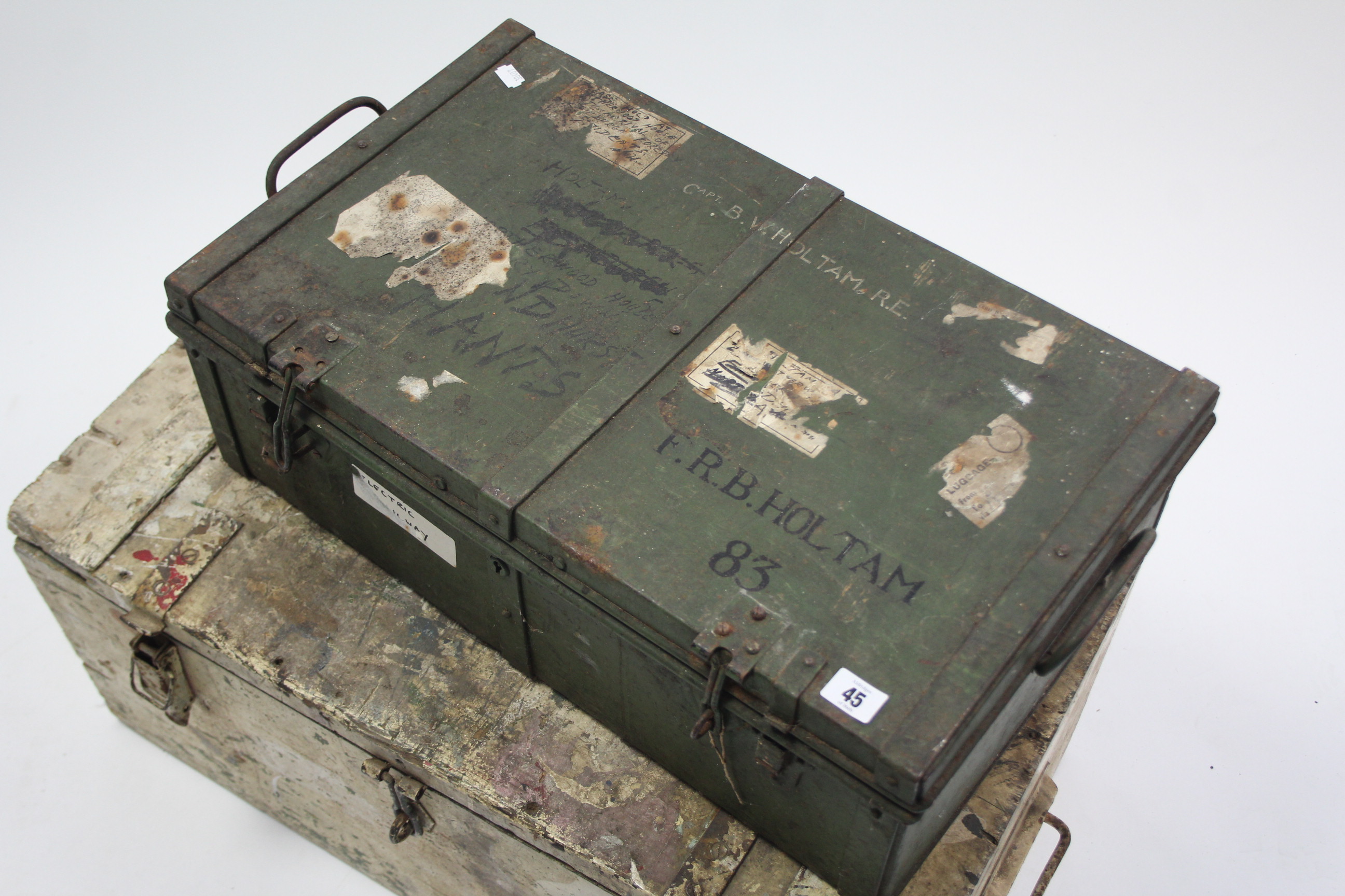 A green-finish metal small travelling trunk with hinged lift-lid and with wrought iron side handles, - Image 2 of 6