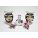 A pair of Royal Crown Derby porcelain small vases of deep blue & ivory ground & with painted
